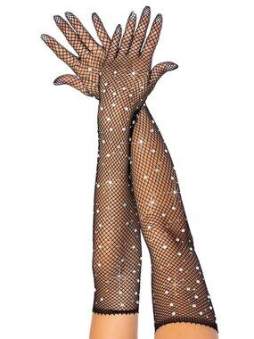 BLACK Mesh Rhinestone Elbow Opera Length Showgirl Gloves NEW NIP